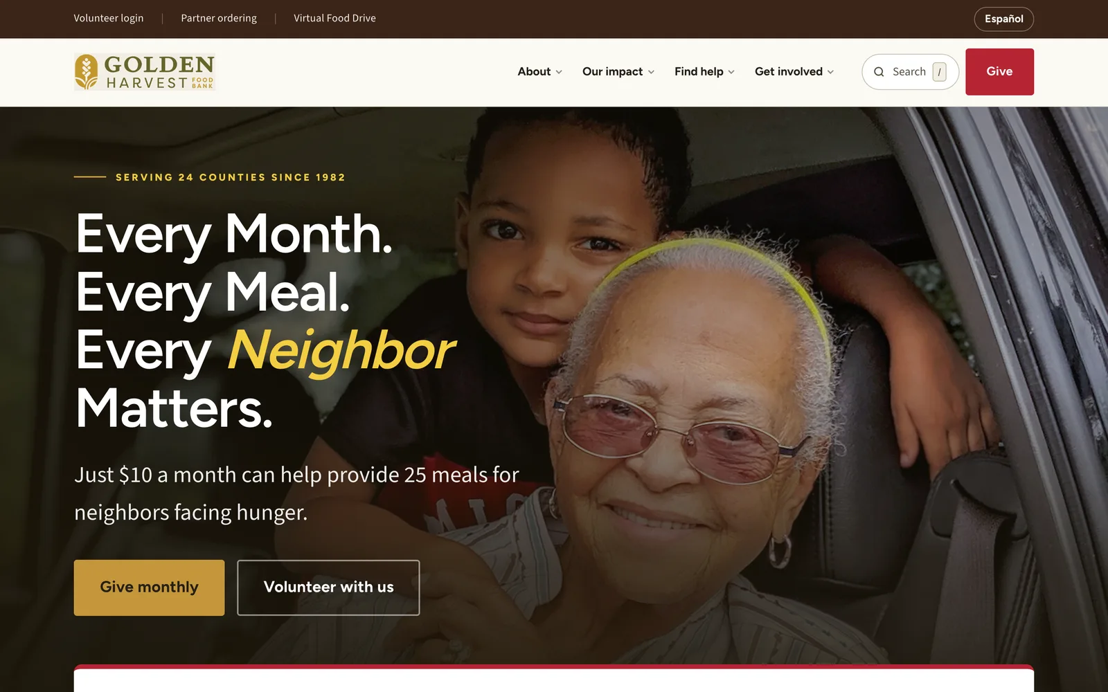 Golden Harvest home page: Every Month. Every Meal. Every Neighbor Matters.